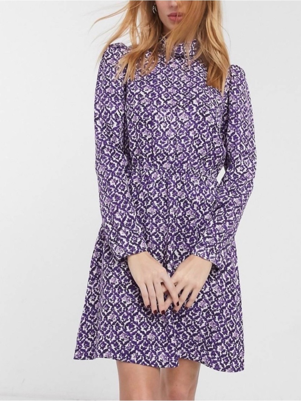 & Other Stories NWT High Neck Mini Dress Long-Sleeve Purple Printed